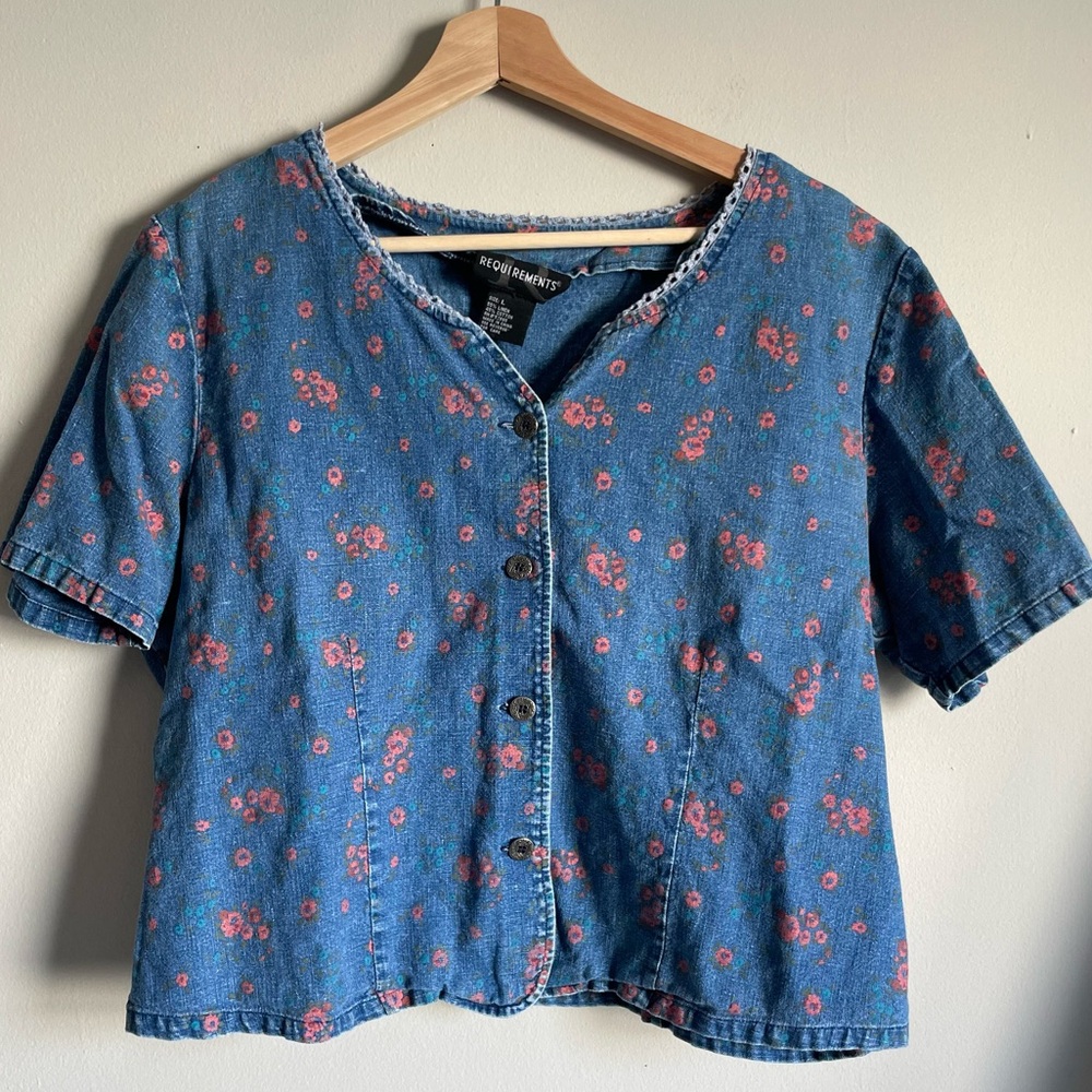 Denim floral crop button down - Picture 1 of 8